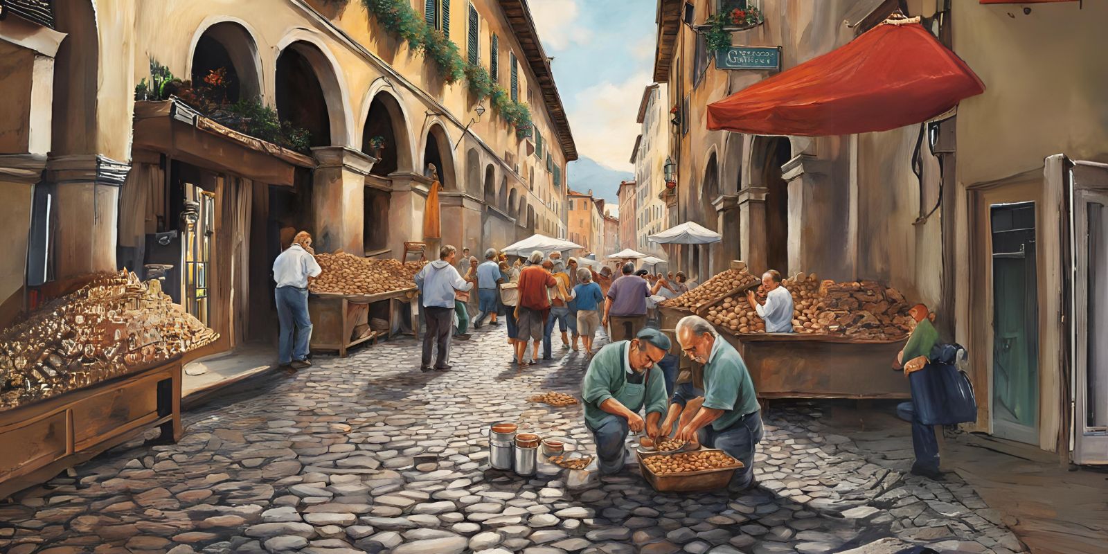 Certainly! Here's a short prompt to generate an image: "Amidst a bustling Italian marketplace, a street artist creates a vibrant masterpiece on a worn cobblestone street, surrounded by curious onlookers and the aroma of freshly brewed espresso."